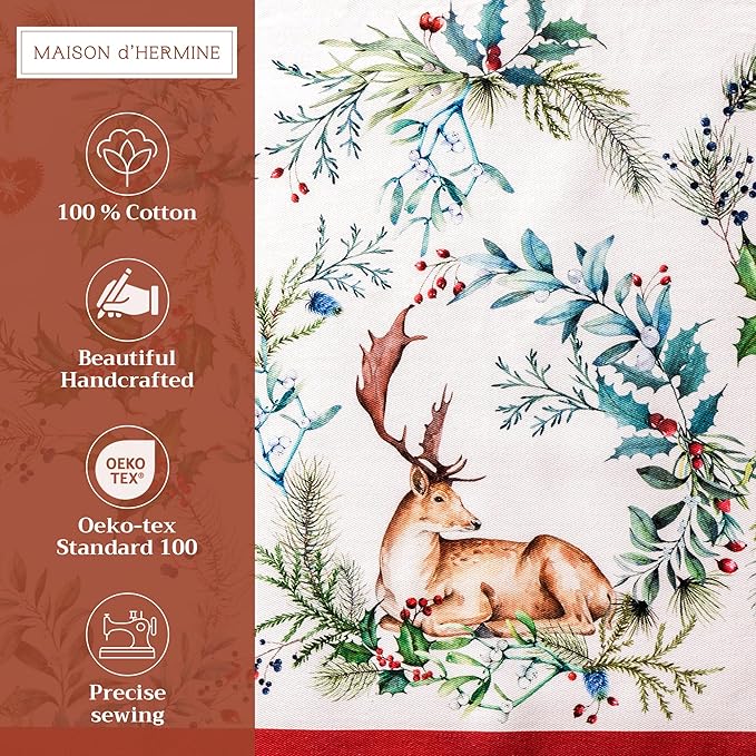 Maison d' Hermine Placemats Set of 4 100% Cotton Washable Cloth Place Mats, Reusable Table Mats for Thanksgiving Christmas Decorations Kitchen Dining Party Wedding Restaurant (Holly Time, 13" x 19")