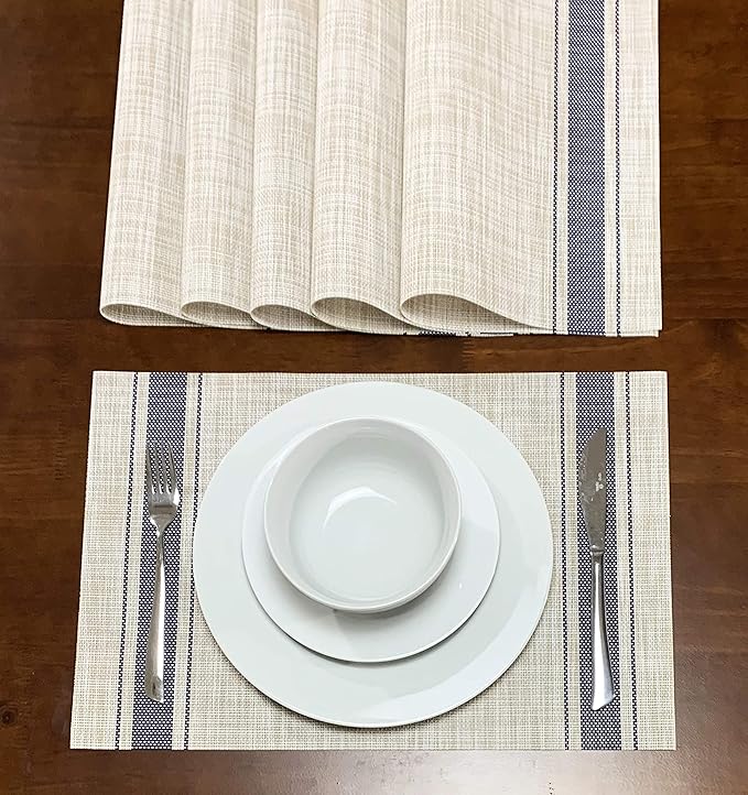 Set of 12 PVC Vinyl Woven Place mats, Heat Insulation Stain Resistant Stripe Placemats for Dining Table Durable Cross Weave Woven Vinyl Kitchen Table Mats Placemat (Blue)