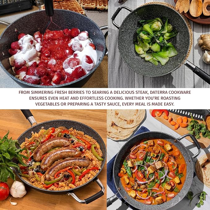 DaTerra Cucina Nonstick Family Bundle ??13" Frying Pan, 13" Wok with Lid, 8 Qt Dutch Oven with Lid ??Oven Safe, Ceramic Nonstick, PTFE & PFOA Free ??Made in Italy, Volcanic Black Speckled
