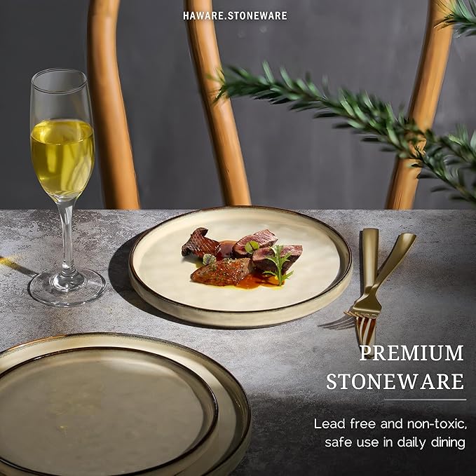 HaWare Stoneware Plates Set of 6, 7.9??Salad Plates, Reactive Glaze Ripple Ceramic Dish Set for Appetizer, Dessert, Scratch Resistant, Small Dinner Plate, Microwave and Dishwasher Safe, Saturn Khaki