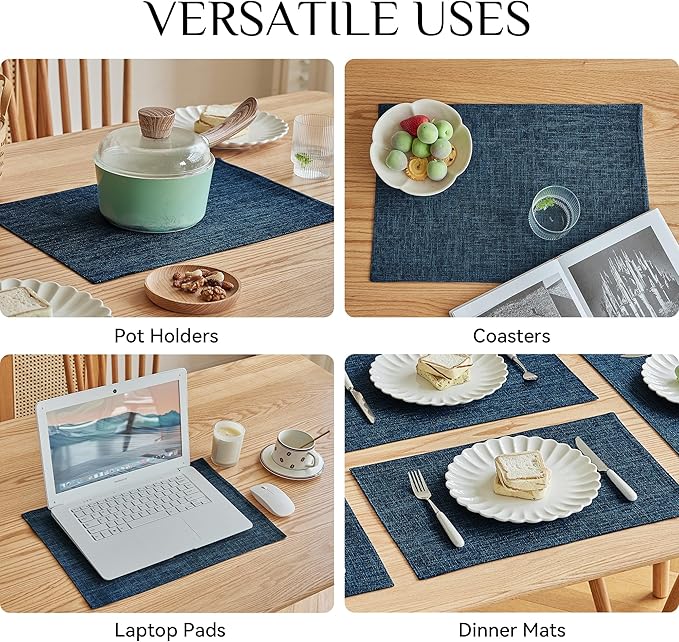 Softalker Faux Linen Placemats Set of 8-12 x 18 Inch, Heat Resistant Double Layered Durable Burlap Farmhouse Place Mats, Non-Slip Washable Rustic Table Mats for Dining, Kitchen, Party竊뉿avy Blue
