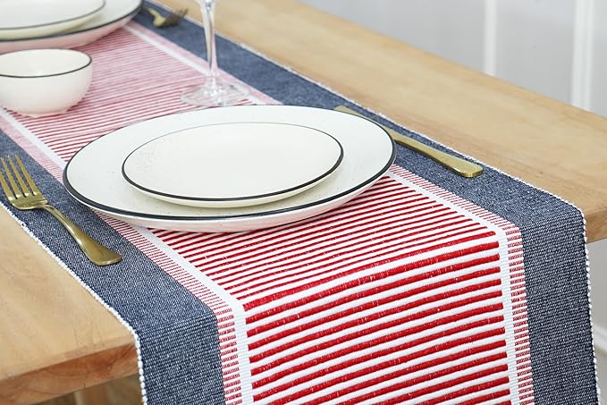 PurpleEssences 4th of July Table Runner - Wide with Dobby Stripe, Heavy Ribbed Weave & Double Knot Fringes, 14x90 Inch (14x95.5 with Fringes) Boho Farmhouse Decor - Veterans Day - Red Blue White
