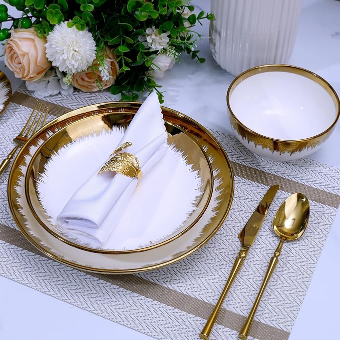 Luxury 12 Piece Porcelain Dinnerware Sets Service for 4, Modern Stoneware Plates and Bowls Sets,Ceramic Dish Set, Highly Chip and Crack Resistant Modern Plate Set, White and Gold