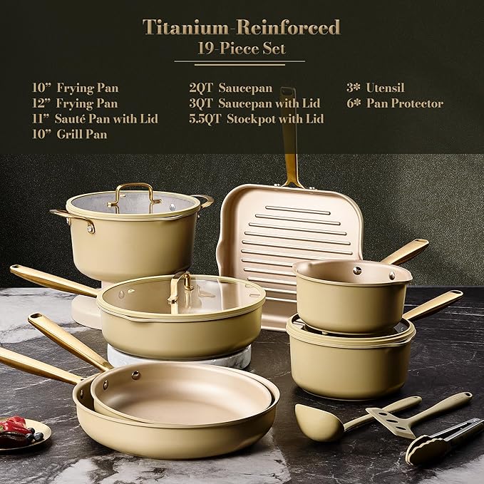 CAROTE 19Pcs Pots and Pans Set, Non Stick Induction Cookware Sets with Durable Cast Steel Handle, Oven-Safe Pots and Pans with Cooking Utensils, PFOS/PFOA Free, Dishwasher Safe, Aluminum