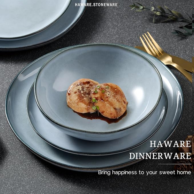 HaWare Plates and Bowls Set, Stoneware Dinnerware Sets, 24-Piece Hand-painted Dishware for 6, Ceramic Dinner Set for Home Kitchen, Scratch Resistant, Microwave and Dishwasher Safe, Reactive Foggy Blue