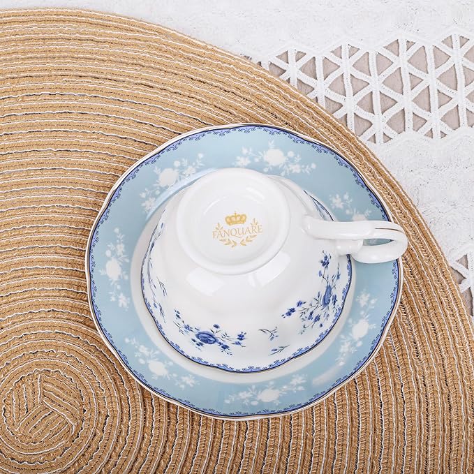 fanquare 5 Ounces Blue Rose Tea Cup Set of 6, Gold Trimmed Porcelain Coffee Cups for Party Home, Vintage British Afternoon Cup and Saucers