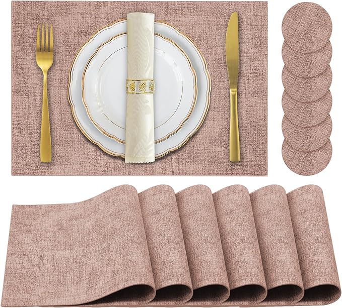 JUCCWARM Faux Leather Placemats Set of 6,Heat Resistant Placemats for Dining Table, Easy Clean Non-Slip Place Mats, Waterproof Stain Resistant Wipeable Washable PU Table Mats, (Pink)