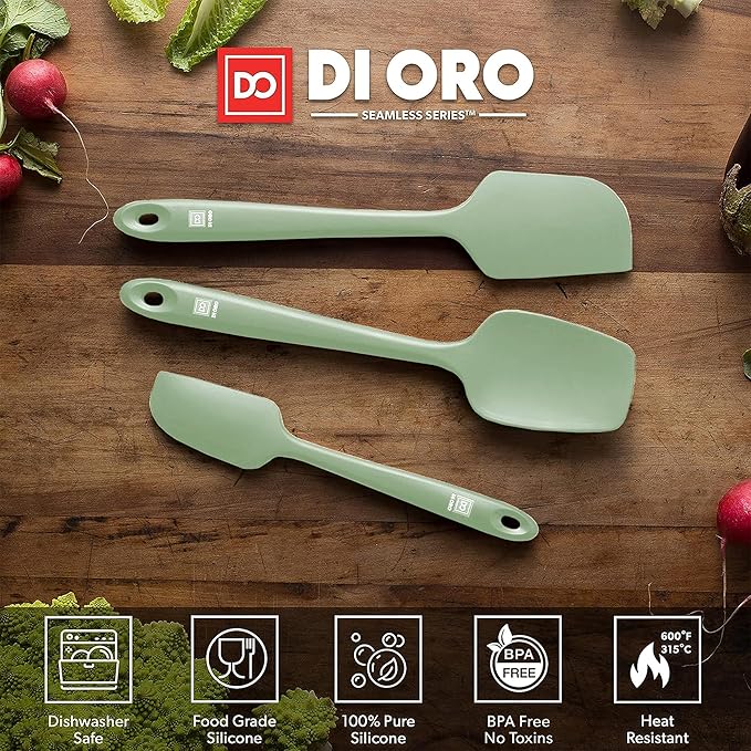 di Oro Living Silicone Spatula Set - Rubber Kitchen Spatulas for Baking, Cooking, Mixing - 600째F Heat-Resistant & BPA Free Silicone Scraper Spatulas for Nonstick Cookware - Dishwasher Safe (3pc, Sage)