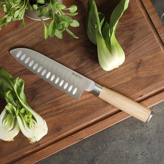 Babish 6.5-Inch Santoku Knife ??High-Carbon 1.4116 German Steel Kitchen Knife with Light Pakka Wood Handle, Full-Tang Razor Sharp Blade for Chopping, Slicing, Dicing & Precision Prep