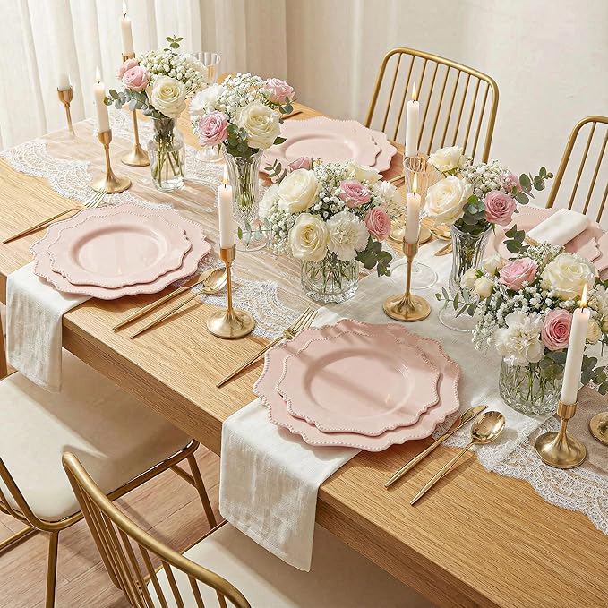 COLOSUS Disposable Pink Party Plastic Plates Set, 60 Pack (30 Guest) Dinner & Salad/Dessert Plate for Spring Wedding Birthday Party Dinner,Easter Day party plates