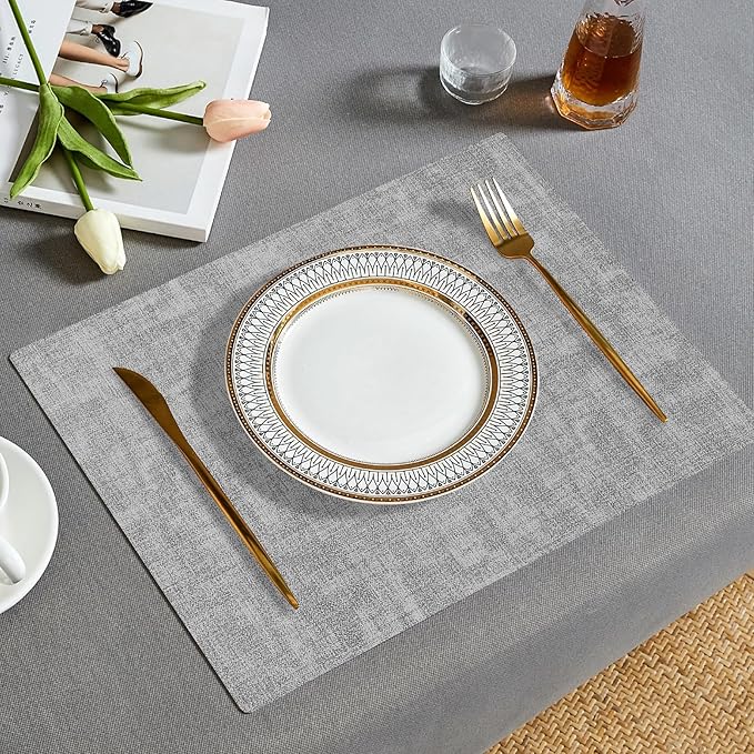 Boobezeen Faux Leather Placemats Set of 6, Heat Resistant Wipeable Washable Vinyl Place Mats, Waterproof Anti-Slip Dining Table Mats, Suitable for Indoor & Outdoor Use (Light Grey)