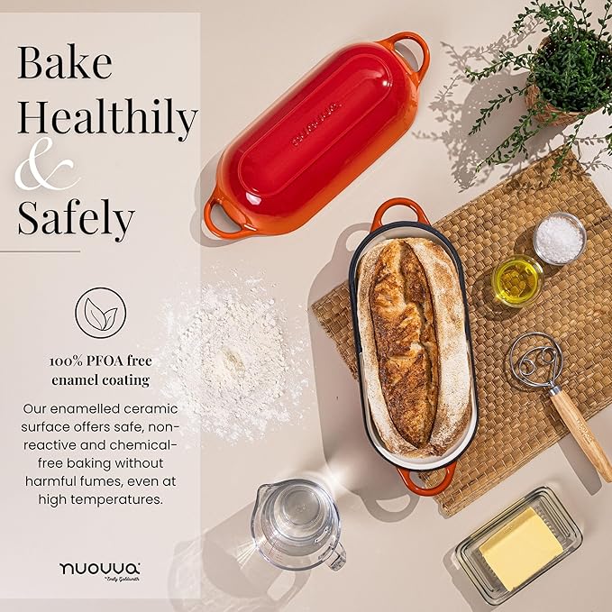 Enamelled Cast Iron Bread Loaf Pot ??Dutch Oven For Sourdough Bread Baking ??Oven Safe Non Stick Bread Pot ??Rectangular, Orange, 34cm x 16cm ??by Nuovva