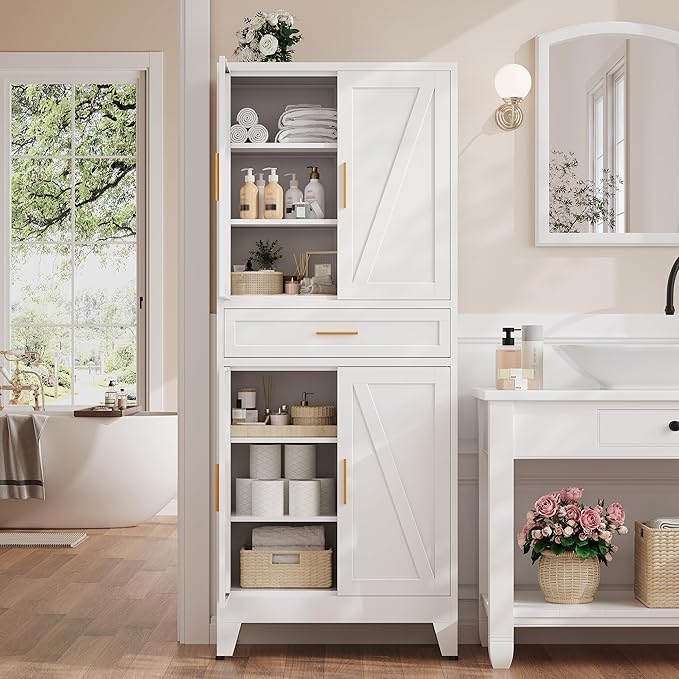 71?쏦 Metal Kitchen Pantry Cabinet with Drawers,White Kitchen Pantry Cabinets,Tall Food Storage Cabinets,Free Standing Pantry Cabinet with 4 Doors,Farmhouse Pantry Cabinets