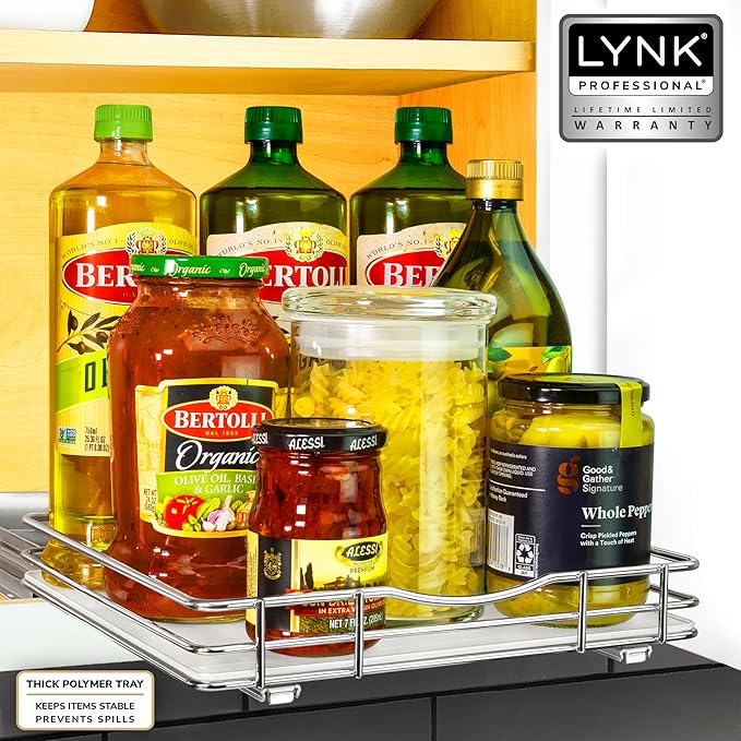 LYNK PROFESSIONAL짰 Pull Out Spice Rack Organizer for Inside Kitchen Cabinets - 10-3/8 inch Wide - Slide Out Drawer ??Chrome Sliding Spice Cabinet Organization Shelf Racks - 1 Tier