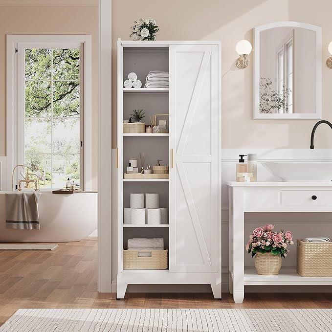 71" H Tall Kitchen Pantry Cabinet,Metal Food Storage Cabinets, White Kitchen Cabinet with Doors and Shelves, Large Freestanding Cabinets with Storage for Dining Room, Living Room