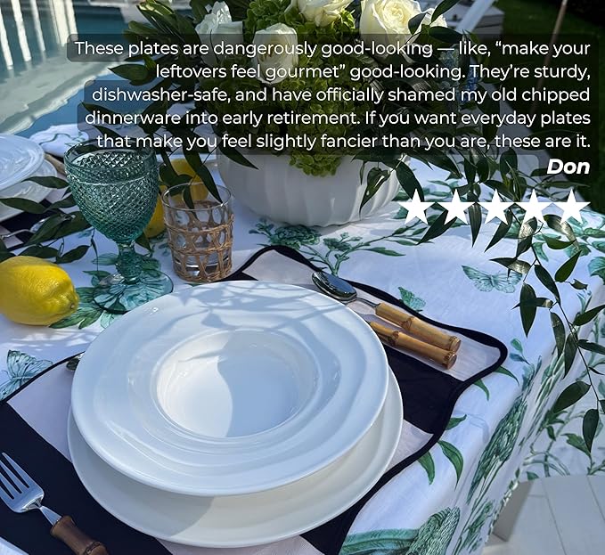 Pots & Patterns White Porcelain Dinner Plates Set for 4 ??12-Piece Chip-Resistant Plates and Bowls with Natural Waves Design ??Microwave, Oven, Dishwasher Safe Scratch-Resistant China Dinnerware