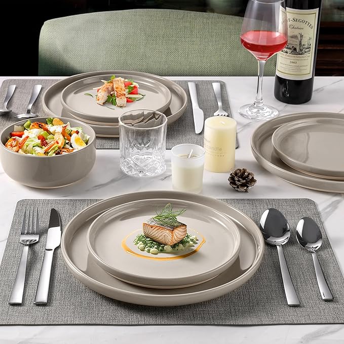 LIANYU Plates and Bowls Dish Sets for 4, 12PCS Stoneware Dinnerware Set, Speckled Dishware Includes Dinner Salad Plates, Cereal Bowls, Scratch Resistant, Milky Brown