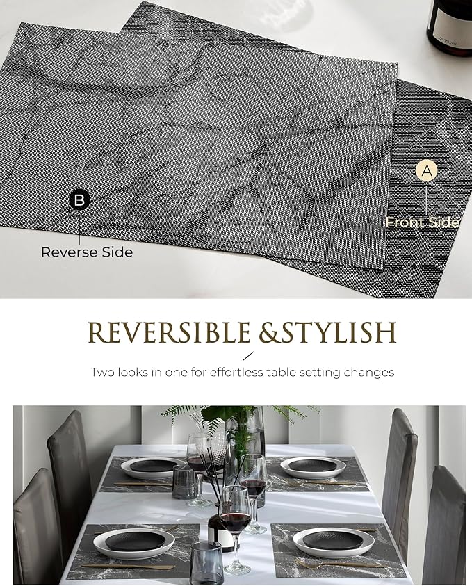 Leetaltree Reversible Marble Placemats Set of 4 - Ships Flat and Stays Flat, Durable Washable Vinyl PVC Placemats, Heat Resistant, Easy Wipe Clean (Black Marble Pattern)