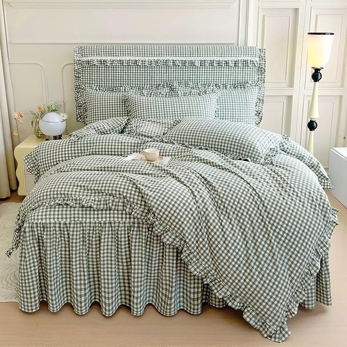 LifeTB Green Gingham Comforter Set Full Size Ruffle Plaid Checkered Pattern Comforter Farmhouse Grid Plaid Gingham Bedding Comforter Set with 2 Pillowcases Fluffy Soft Lightweight Grid Bedding Set
