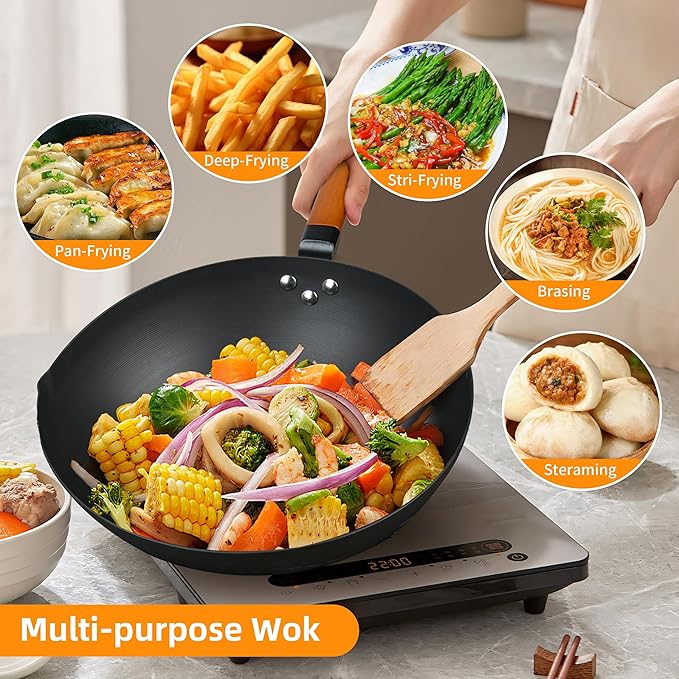 12.5-Inch Carbon Steel Wok with Lid ??Pre-Seasoned Flat Bottom Stir-Fry Pan, Nonstick Wok for Induction, Gas, Electric & All Stovetops ??Chinese Wok with Glass Lid
