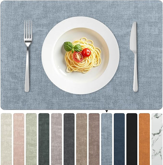 FROMHEART Faux Leather Placemats Set of 4?밯aterproof,Heat/Oil Stain-Resistant PU Table Mat?밨eversible,Non-Slip,Easy to Clean Place Mats for Kitchen,Dining,Indoor/Outdoor,(Light Blue,11.8" x 17")