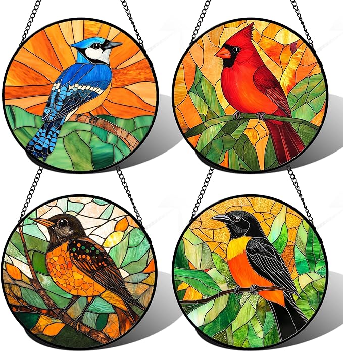 Stained Glass Window Hanging 4 Pcs Set Birds Large 11.8" - Cardinal Blue Jay Suncatcher Door Garden Sun Catcher Decor Birthday Christmas for Bird Lovers Mom Woman Nana Men