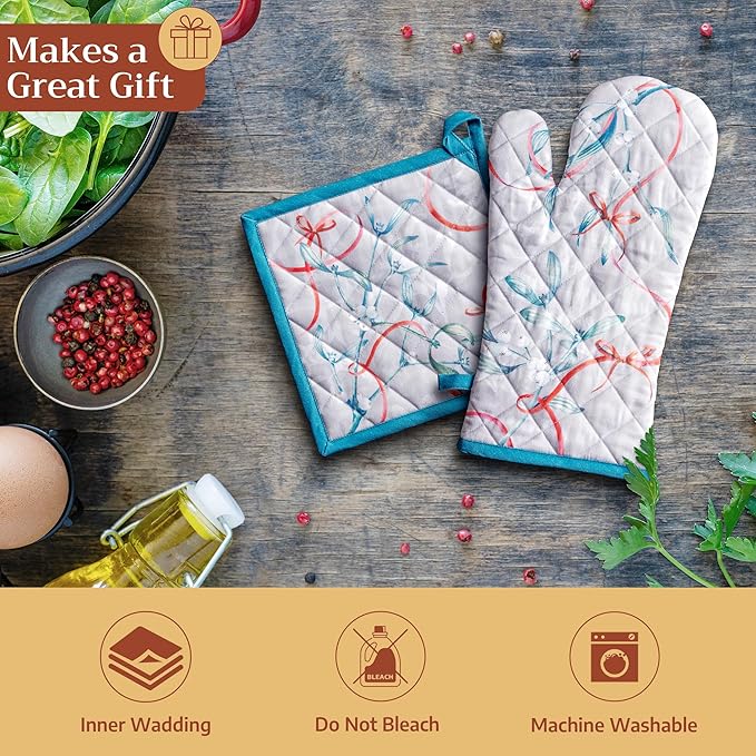 Maison d' Hermine Oven Gloves 100% Cotton Oven Mitt 7" x 13" with Loop Heat Resistant BBQ Cooking Gloves for Thanksgiving Christmas Decorations Baking Handling Hot Pans (Pack of 1, Enora)