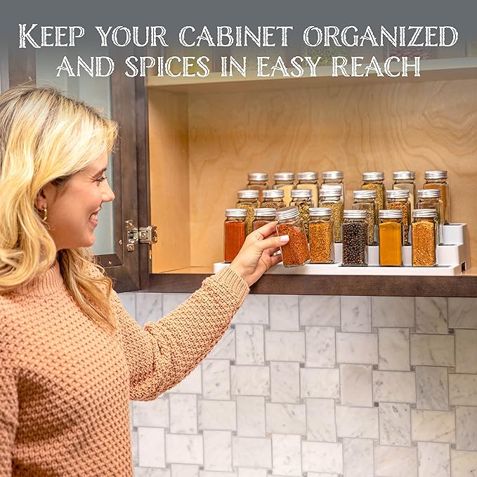 Oizeir 3?밫ier Expandable Plastic Spice Rack - Adjustable Length, Stability with Non-Skid Shelf, Three Tiers for Easy Visibility, Organizer for Kitchen Cabinet, Pantry or Countertop, White/Grey
