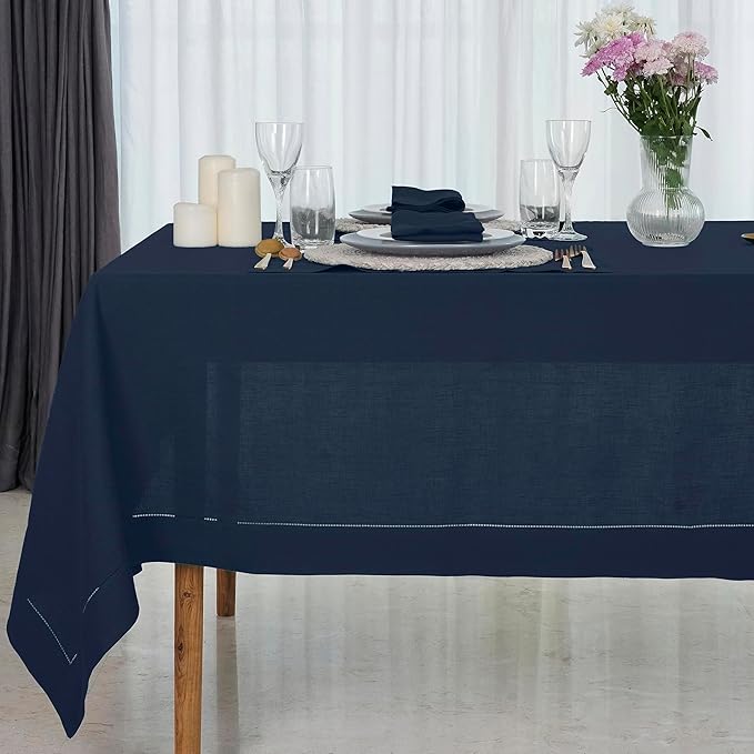 D'Moksha Homes Navy Blue Linen Tablecloth 60 x 156 Inch - 100% Pure Linen Navy Tablecloth for Rectangle Tables - Classic Hemstitch, Machine Washable Table Cloth for Easter