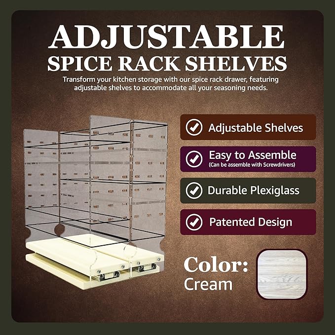 Vertical Spice Adjustable Spice Rack Drawer - Pull Out Cabinet Organizer - Kitchen and Pantry Organizers and Storage - Spice Caddy - 2 Drawers, 3 Upper Tier (6.9" W x 11.25" H x 10.6" D, Cream)
