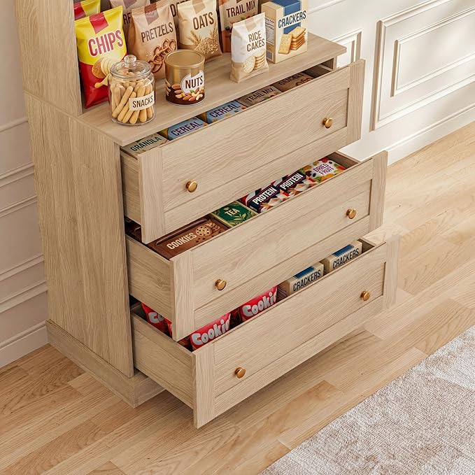 Vyre 71" Farmhouse Kitchen Pantry Cabinet Set of 4, Brown Freestanding Coffee Bar Hutch with Drawers & Adjustable Shelves, Large Storage Cabinet with Microwave Stand for Living Room & Kitchen