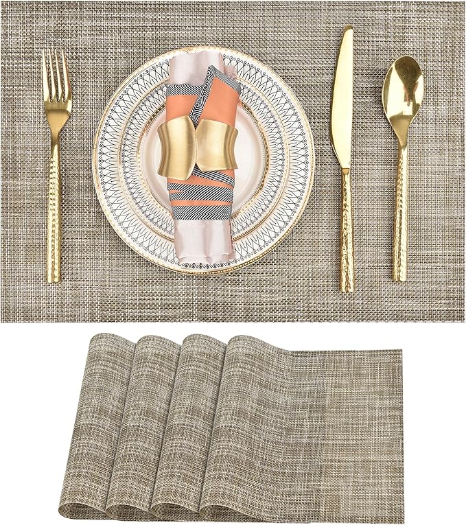 SLKQG Placemats Set of 4 - Easy Clean Washable Vinyl Placemats - Wipeable Heat Resistant Table Mats for Dining Table - 17.7x11.8 Inch (4, Gray & Gold Two-Tone)