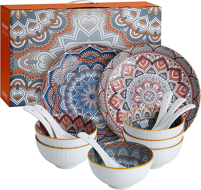Bohemian Style Porcelain Dinnerware Set, 12-Piece Plates & Bowls, Microwave & Dishwasher Safe, Unique Pattern Gift Set