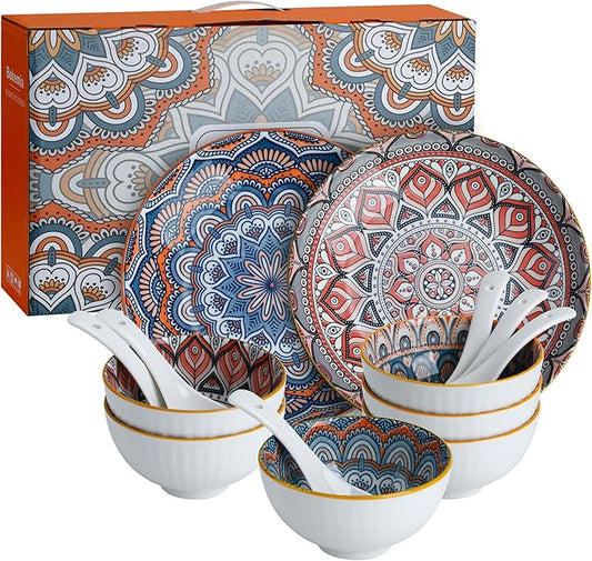 Bohemian Style Porcelain Dinnerware Set, 12-Piece Plates & Bowls, Microwave & Dishwasher Safe, Unique Pattern Gift Set