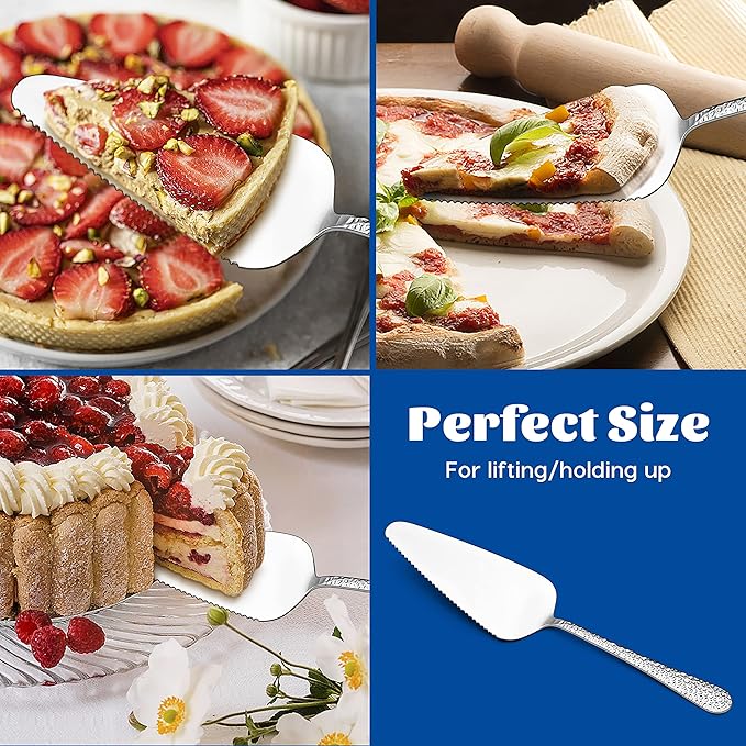 5-Piece Pie Server, E-far Hammered Stainless Steel Cake Server Spatula Cutter for Pastry Cheese Pizza, Serrated Edge with Round Handle, Mirror Polished & Dishwasher Safe-9 Inch