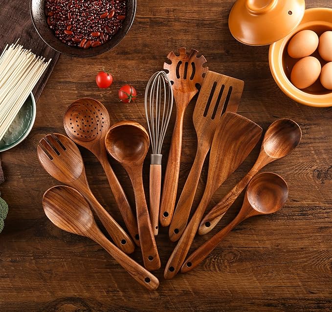 11Pcs Wooden Cooking Utensils Set, Teak Wooden Spoons for Cooking, Comfort Grip - Sturdy - Non Stick Wooden Spatulas for Stirring, Cooking, Kitchen Utensils Set with Stainless Holder