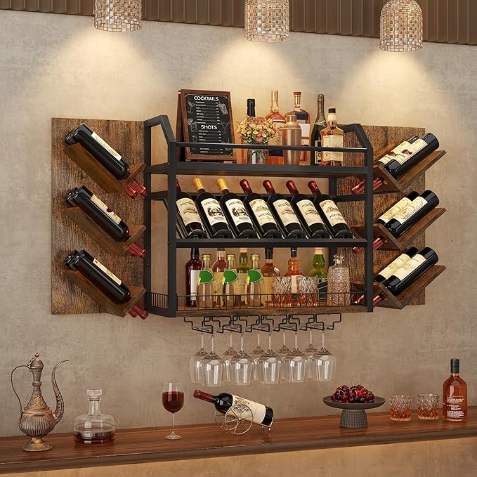 Hoctieon Wall Mounted Wine Rack, 3 Tier Hanging Wine Racks with Glass Holder, Large Capacity Bar Shelves, Metal Wood Bottle Display Storage for Kitchen, Home Bar, Dining Room, Rustic Brown