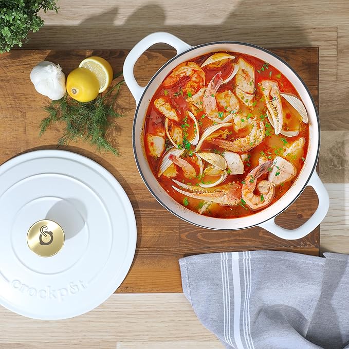 Crock-Pot Artisan 5-Quart Round Dutch Oven ??Matte Linen White with Gold Knob, Enameled Cast Iron Cookware
