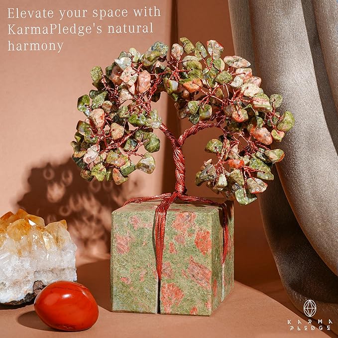 Crystal Tree for Birthday Gifts for Women, Handmade Raw Crystal Base Unakite Chakra Healing Crystal Tree of Life for Positive Energy, Money, Good Luck, Christmas D챕cor, Home and Office Decor