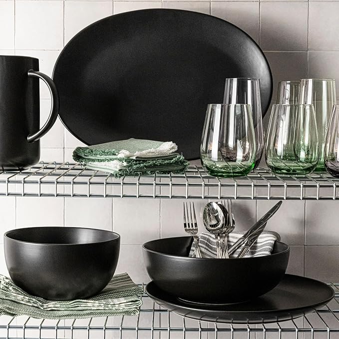 over&back Coupe Stoneware Serving Platter - Elegant 1-Piece Round Serving Platter to Complete Your Kitchen Set - 13.1" x 13.1" - Semi-Matte Black