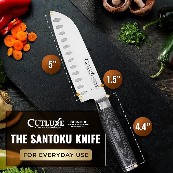 Santoku Knife ??Ultra Sharp 5 Inch Meat and Vegetable Japanese Knife for Chopping, High Carbon Stainless Steel Blade, Full Tang Pakkawood Handle ??Shinobi Series