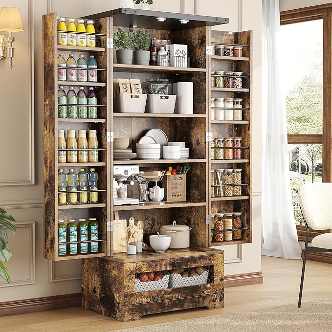 Pantry Cabinet with Adjustable Shelves and Drawer, Kitchen Cabinet Buffet Cupboards Storage for Home Office (Brown, 16" D x 24" W x 55" H)