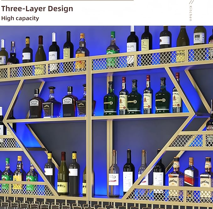 118 Inch Metal Wine Rack Wall Mounted, Modern Bar Shelves Wall Mounted Wine Rack with LED Light, Liquor Shelf Wall Mounted, Bar Shelves for Liquor Bottles (Gold with Warm Led, 118-3 Tier)