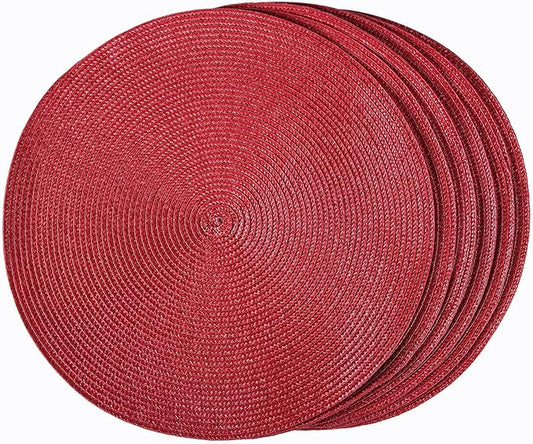 HODJOY Placemats Set of 6, Round Woven Table Mats for Dining Table, Washable Non-Slip Placemats for Christmas, 15inches (Dark Red)