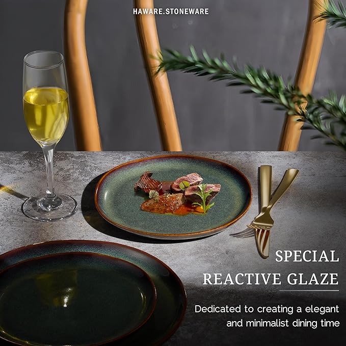 HaWare Stoneware Salad Plates Set of 6, 7.9??Heavy Duty Ceramic Plates, Reactive Glaze Dinnerware for Home Restaurant, Chip and Scratch Resistant, Microwave and Dishwasher Safe, Reactive Moss Green