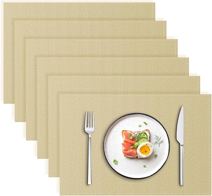 Blue Forest | Rectangular Faux Linen Placemats Set of 6 | Dual- Layered Thickened for Durability | Heat Resistant | Machine Washable | Wrinkle Free for Easy Care Indoor/Outdoor Use - Beige
