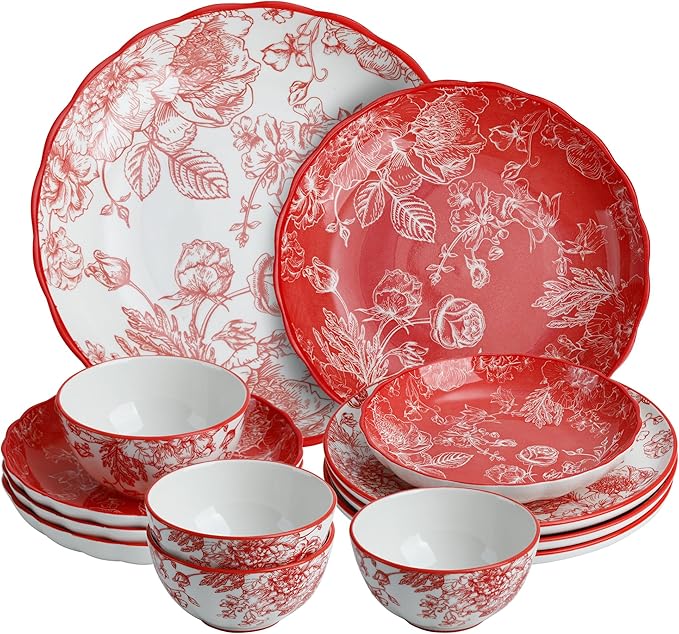 12-Piece Red Rose Dinnerware Set, Porcelain Plates with Full Red Pattern, Service for 4, Microwave and Dishwasher Safe