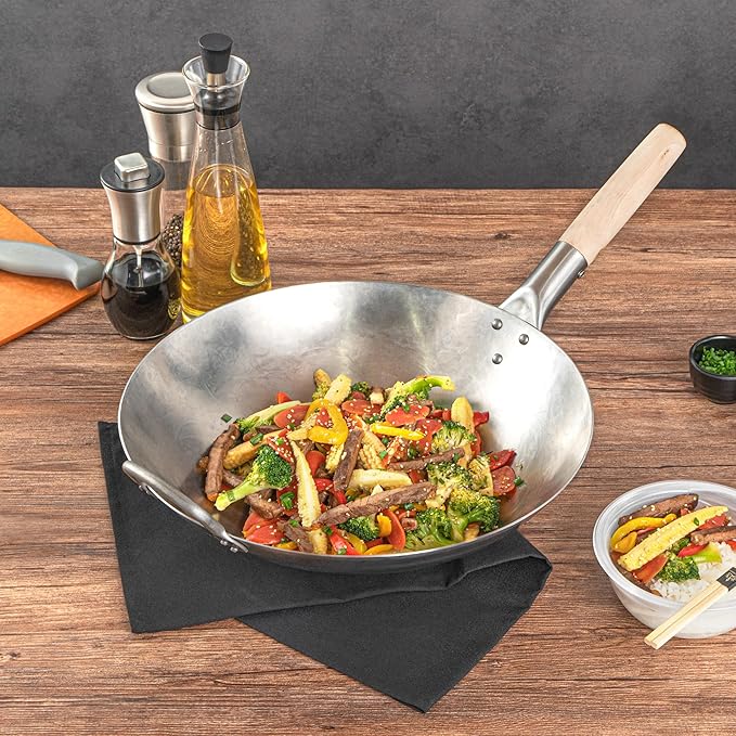 Motomori 14 Inch Hand-Hammered Carbon Steel Woks, 10 Traditional Japanese Woks - Round Bottom, Wooden Handle, Black Carbon Steel Traditional Stir Fry Pans, With Helper Handle - Restaurantware