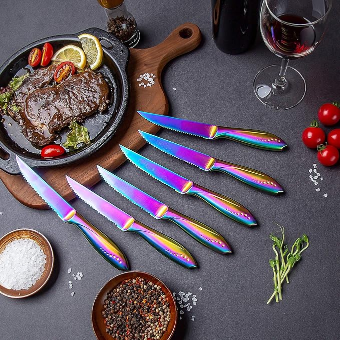 WELLSTAR Rainbow Serrated Steak Knife Set of 6, Razor Sharp German Steel Blade 4.75 inch and Comfortable Stainless Steel Hollow Handle with Titanium Coated Dinner Table Knives Set for Home Restaurant