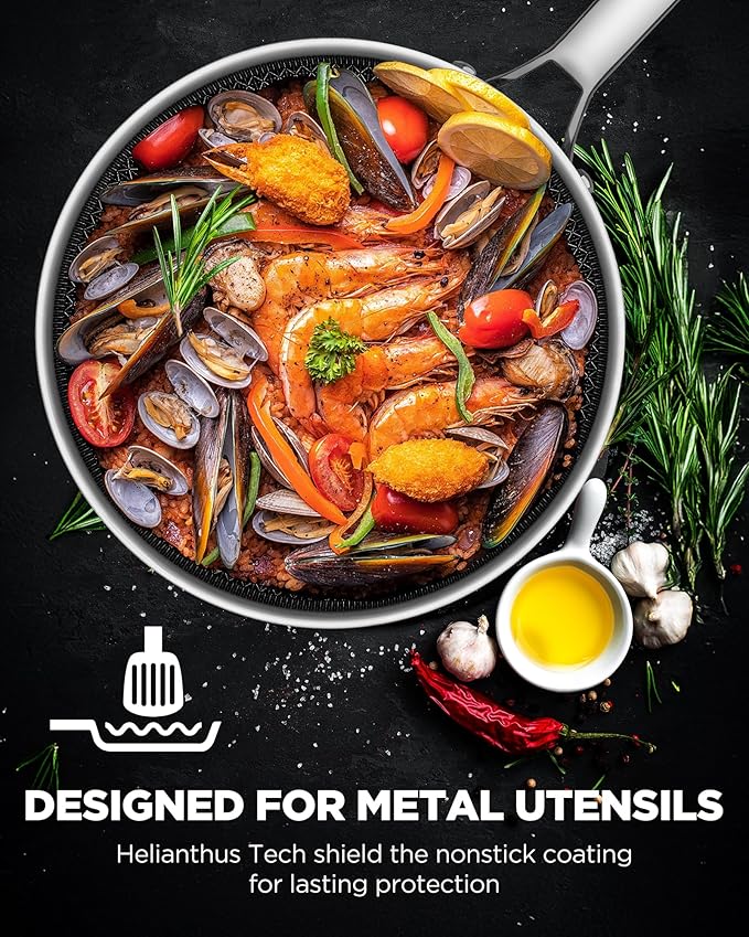 Saute Pan with Lid, Hybrid Ceramic Nonstick 12 Inch 5-Quart Tri-Ply Stainless Steel Everyday Pan, PFAS/PFOA/PTFE Free, Metal Utensil Safe, Dishwasher & Oven Safe, Induction Compatible